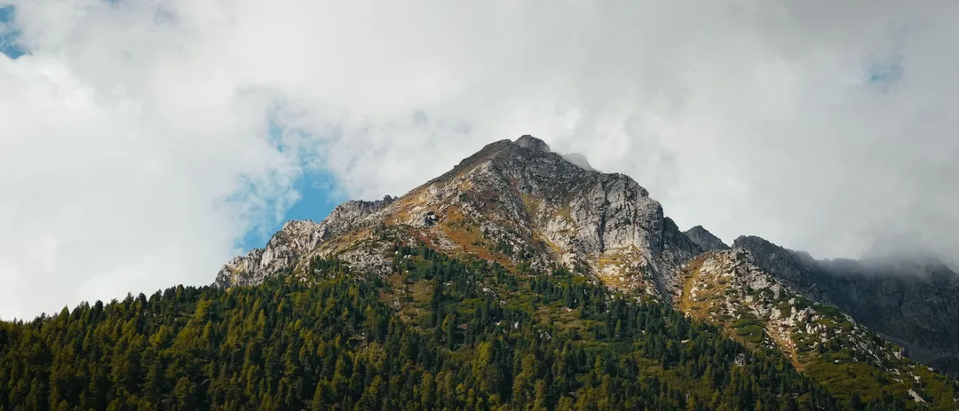 Berggipfel über Nadelwald zwischen Wolken, aus der Luft gefilmt